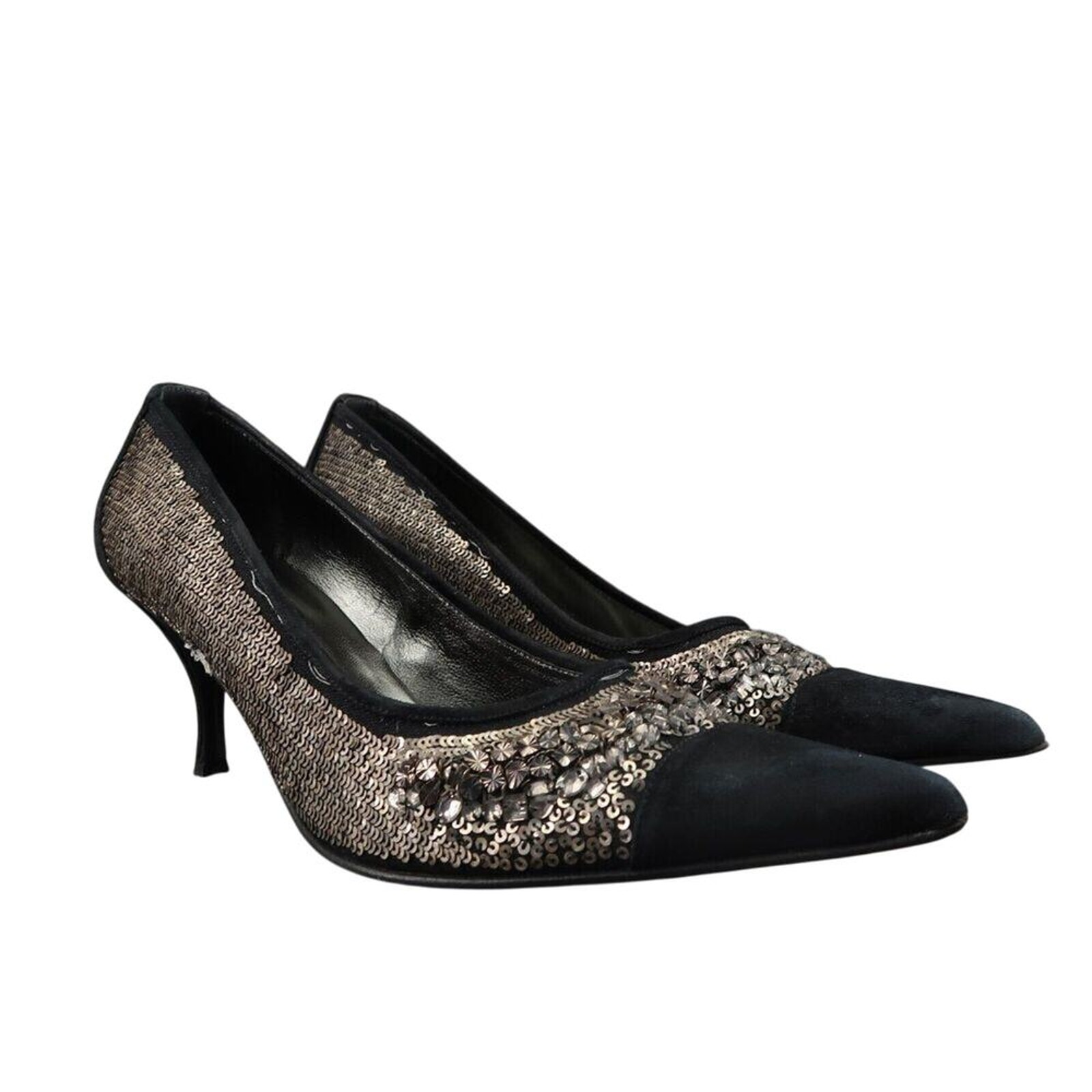 Donald Pliner Shoes Womens 9.5 Pumps Point Toe Heel Fashion Black Leather Sequin